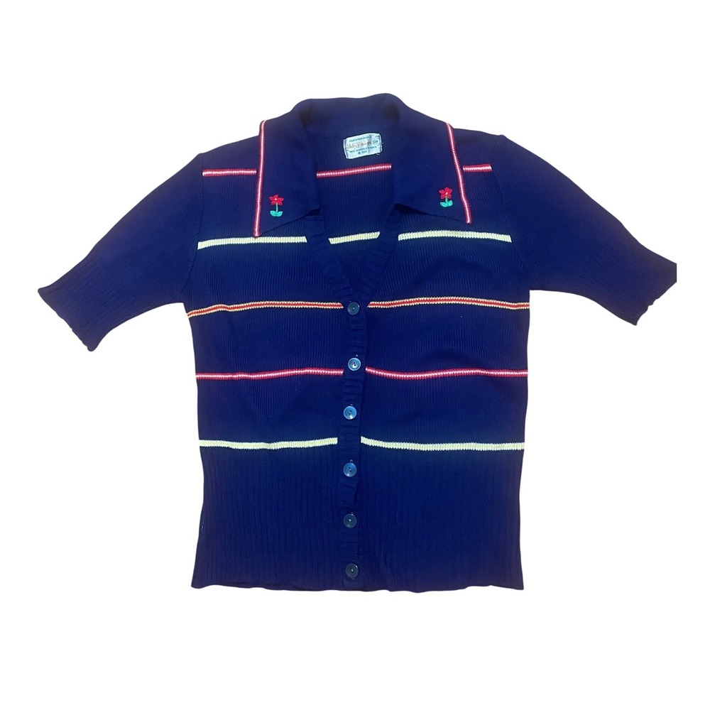 Vintage Cardigan 70s Navy Blue Striped Knit Floral Collar Short Sleeves